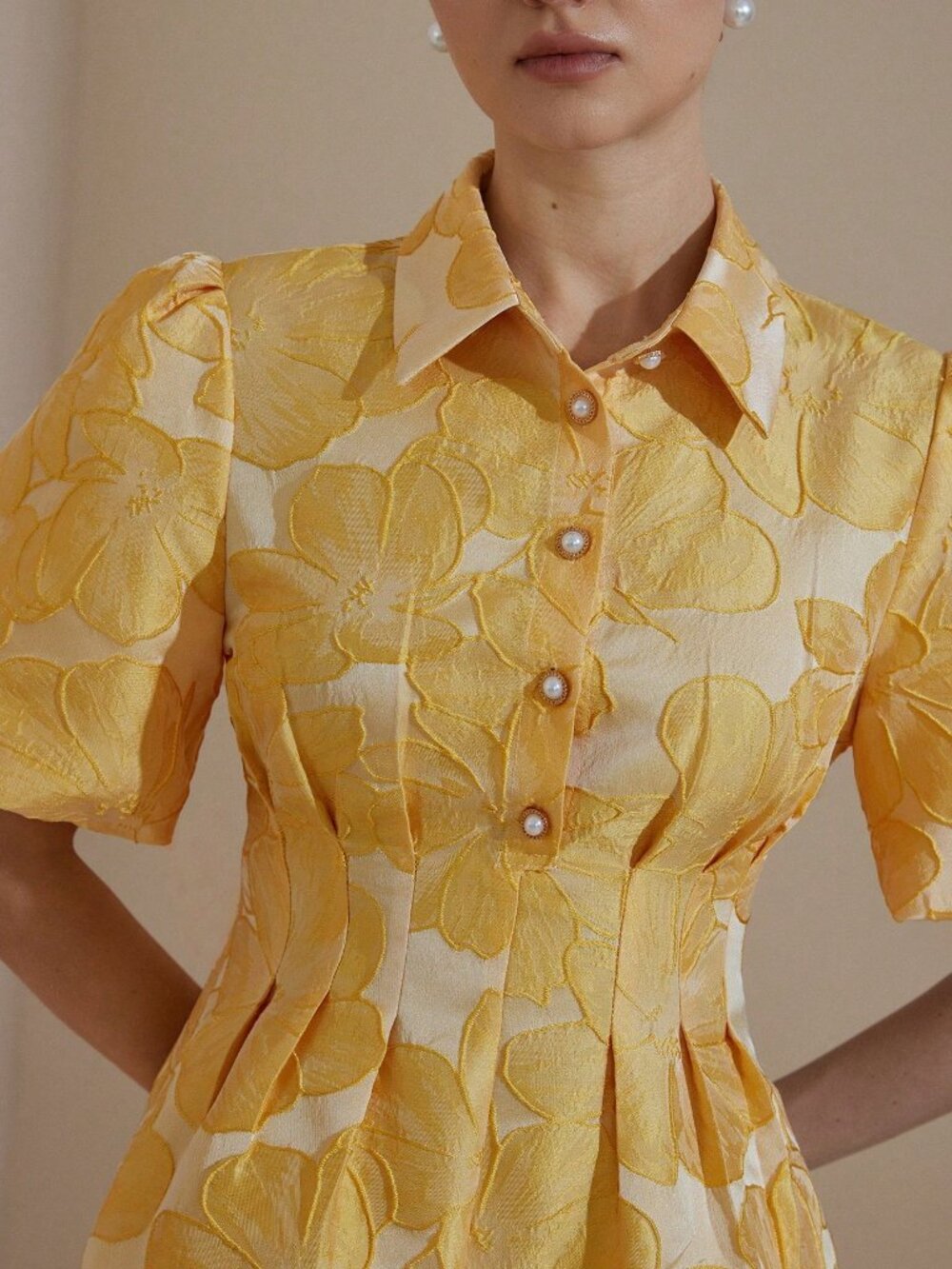 Yellow Elegant Women's Puff Sleeve Jacquard Cutout Waist Pleated Mini Dress - Picture 3 of 7
